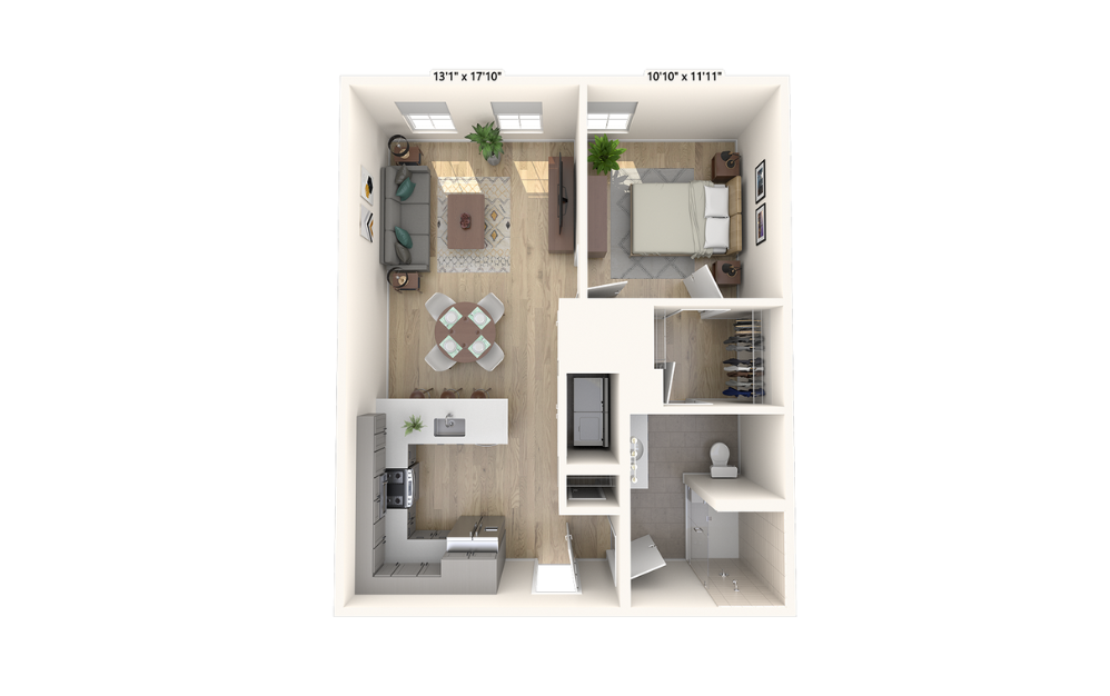 Baker B - 1 bedroom floorplan layout with 1 bathroom and 774 square feet Model kitchen at our apartments for rent in Darien, CT, featuring wood grain floor paneling and counter seating.